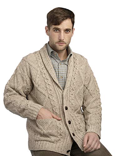 Men's Irish Aran Cable Knitted Button Cardigan Oatmeal von Aran Crafts