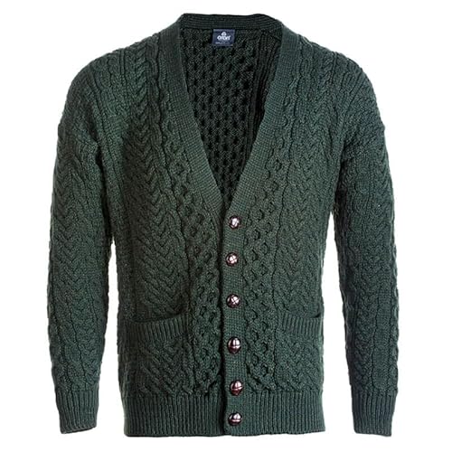 Aran Woollen Mills Irischer Cardigan Strickjacke mit Fronttaschen und Knöpfen | Supersoft Strickcardigan aus Merinowolle für Herren (Dunkelgrün, M) von ARAN