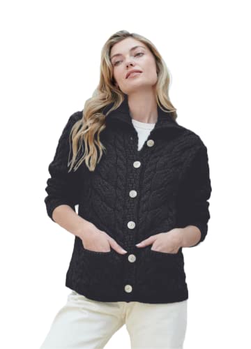 Irischer Cardigan-Pullover für Damen, hergestellt in Irland, gestrickt, superweicher Merinowolle-Mantel, Schwarz, X-Groß von Aran Woollen Mills