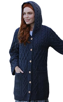 100% Merinowolle Aran Damen Merino Lange Strickjacke mit Kapuze, in Weiß/Holzkohle/Wicker/Armeegrün (Holzkohle, Medium) von Aran Woollen Mills