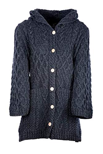 100% Merinowolle Aran Damen Merino Lange Strickjacke mit Kapuze, in Weiß/Holzkohle/Wicker/Armeegrün (Holzkohle, Small) von Aran Woollen Mills