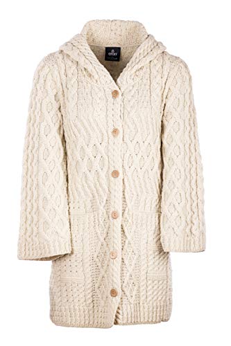 100% Merinowolle Aran Damen Merino Lange Strickjacke mit Kapuze, in Weiß/Holzkohle/Wicker/Armeegrün (Weiß, Large) von Aran Woollen Mills