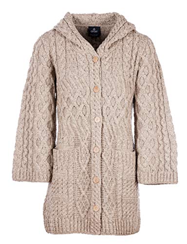 100% Merinowolle Aran Damen Merino Lange Strickjacke mit Kapuze, in Weiß/Holzkohle/Wicker/Armeegrün (Wicker, Large) von Aran Woollen Mills