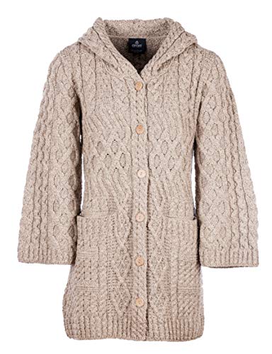 100% Merinowolle Aran Damen Merino Lange Strickjacke mit Kapuze, in Weiß/Holzkohle/Wicker/Armeegrün (Wicker, X-Large) von Aran Woollen Mills
