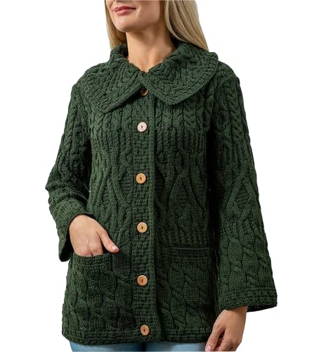 100% Merinowolle Aran Damen-Strickjacke aus Merinowolle mit DREI Mustern, in Weiß/Derby Braun/Armeegrün/Denim Braun (Armeegrün, XX-Large) von Aran Woollen Mills