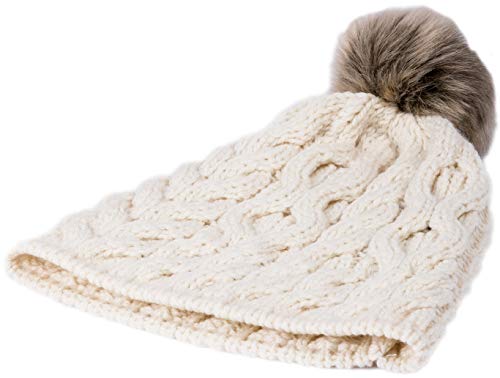 Aran Knitted White and Faux Fur Bobble Hat von Aran Woollen Mills