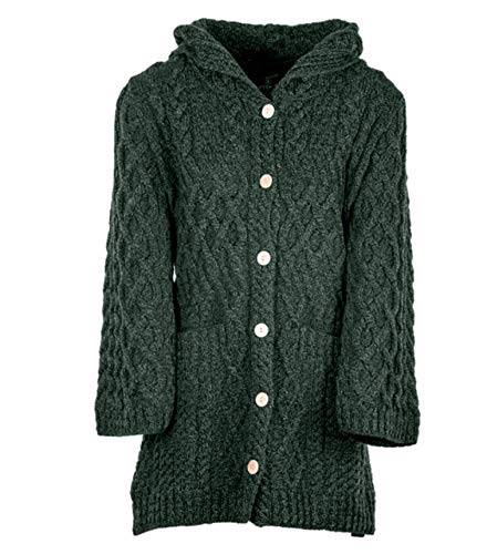 Aran Woolen Mills Aran Woolen Mills Damen Irish Knit Long Cardigan 100% Merinowolle mit Knöpfen Kapuze Fronttaschen Army Green, L von Aran Woollen Mills