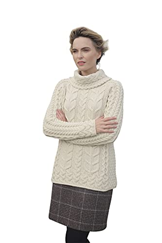 Aran Woollen Mills 100% Merino Wolle Damen Irischer Pullover Sweater Winter Wollpullover Rollkragenpullover (DE/NL/SE/PL, Alphanumerisch, XXL, Regular, Regular, Natur) von Aran Woollen Mills