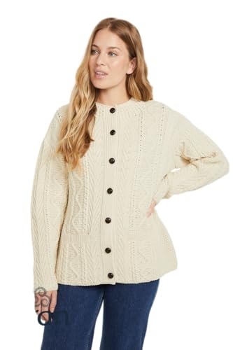 Aran Woollen Mills Aran Strickjacke für Damen 100% Merinowolle, Authentische irische Strickjacke mit Taschen, Hergestellt in Irland von Aran Woollen Mills