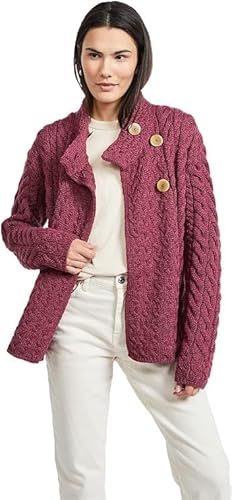 Aran Woollen Mills Asymmetrische irische Strickjacke mit Mehreren Zopfmuster, Jam Red, Mittel von Aran Woollen Mills