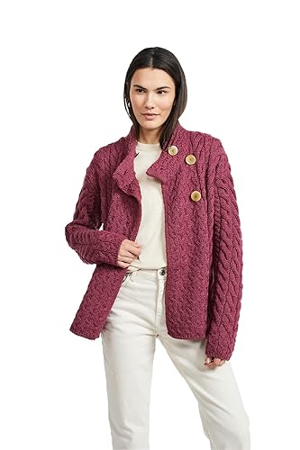 Aran Woollen Mills Asymmetrische irische Strickjacke mit Mehreren Zopfmuster, Jam Red, X-Groß von Aran Woollen Mills