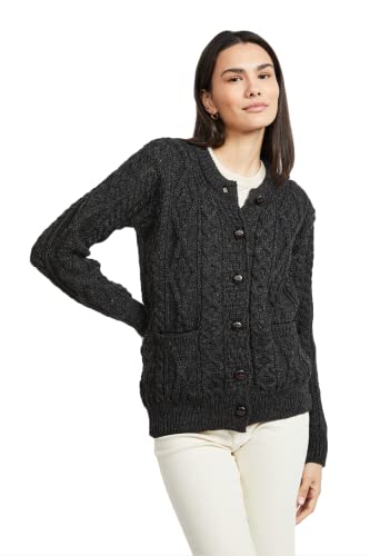 Aran Woollen Mills Cardigan für Damen Irish Buttons Zopfstrickpullover mit (L, Schwarz) von Aran Woollen Mills