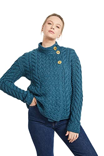Aran Woollen Mills Damen Irische Multi-Cable-Wolljacke (Irische See, L) von Aran Woollen Mills