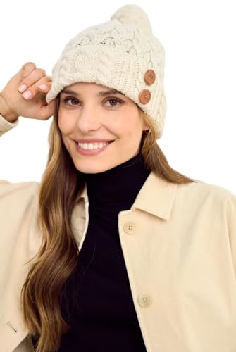 Aran Woollen Mills Damen Wintermütze – Superweiche 100% Merinowolle – Warme Mütze mit Knöpfen (Natur) von Aran Woollen Mills