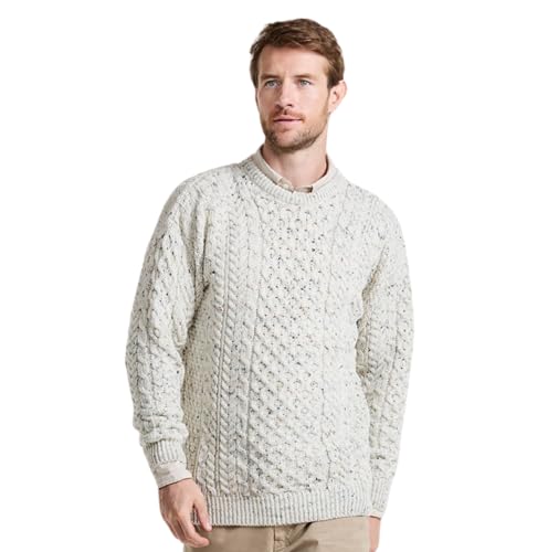 Aran Woollen Mills - Inisheer Traditioneller Aran-Pullover, irischer Zopfstrickpullover, 100% weiche Merinowolle, hergestellt in Irland, Cremefarben meliert, Large von Aran Woollen Mills