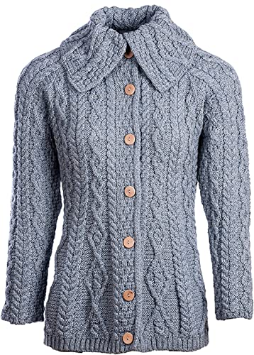 Aran Woollen Mills Irische Damen Strickjacke Cardigan mit Knöpfen und Rautenmuster 100% Merinowolle von Aran Woollen Mills