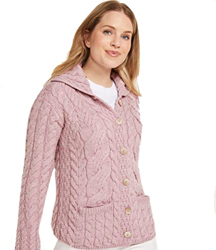 Aran Woollen Mills Irish Cardigan Sweater for Women Made in Ireland Knit Supersoft Merino Wool Coat (DE/NL/SE/PL, Alphanumerisch, M, Regular, Regular, Rosa) von Aran Woollen Mills