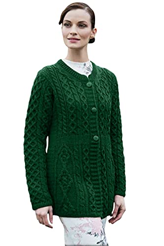 Aran Woollen Mills Irischer Cardigan Strickjacke mit Knöpfen | Supersoft Strickcardigan aus Merinowolle für Damen (Grün, L) von Aran Woollen Mills