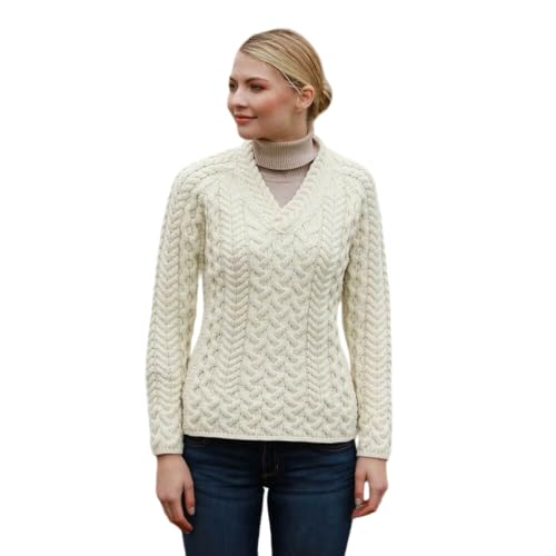 Aran Woollen Mills Irish 100% Merino Wolle Cable Knit Pullover Sweater Jumper mit V-Ausschnitt für Damen (L) von Aran Woollen Mills