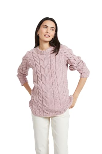 Aran Woollen Mills Ladies Irish Multi Cabled Raglan Super Soft Merino Wool Sweater (DE/NL/SE/PL, Alphanumerisch, L, Regular, Regular, Rosa) von Aran Woollen Mills