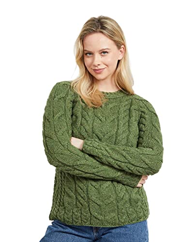 Aran Woollen Mills Ladies Irish Multi Cabled Raglan Super Soft Merino Wool Sweater (Meadow Green, L) von Aran Woollen Mills