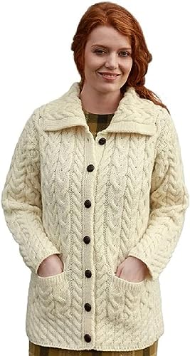 Aran Woollen Mills Lange Merinowolle Aran Knit Chunky Cardigan mit Kragen Umklappen für Damen (Natur, M) von Aran Woollen Mills