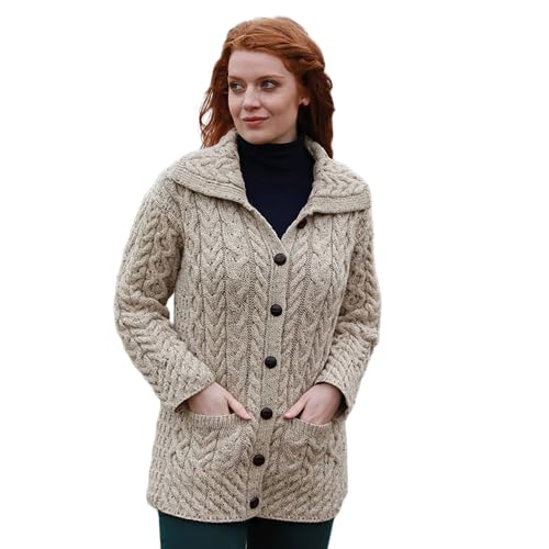 Aran Woollen Mills Lange Merinowolle Aran Knit Chunky Cardigan mit Kragen Umklappen für Damen (Skiddaw, L) von Aran Woollen Mills