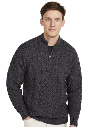 Aran Woollen Mills Merinowolle Irischer Aran Pullover mit Reißverschluss für Herren (Holzkohle, M) von Aran Woollen Mills