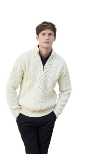 Aran Woollen Mills Merinowolle Irischer Aran Pullover mit Reißverschluss für Herren (Natur, L) von Aran Woollen Mills