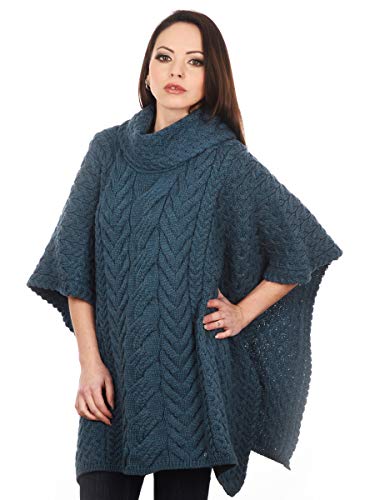 Aran Woollen Mills Superweicher Poncho aus Merinowolle mit Schalkragen, Irisches Meeresblau, Einheitsgröße von Aran Woollen Mills