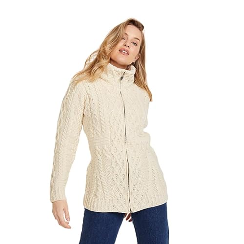 Arran Woolen Mills Irischer Damen Strickjacke 100% Merino Wolle Cardigan mit Reißverschluss (Natürlich, XXL) von Aran Woollen Mills