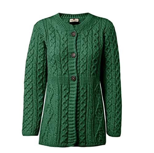 Carraig Donn 100% Merinowolle A Line Aran Wollpullover Strickjacke für Damen, in (Grün, Small) von Carraig Donn
