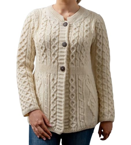 Carraig Donn 100% Merinowolle A Line Aran Wollpullover Strickjacke für Damen, in (Natur, XX-Large) von Aran Woollen Mills