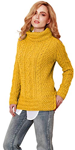 Carraig Donn Damen Belüfteter Rollkragenpullover aus Merinowolle (Gelb, XL) von Aran Woollen Mills
