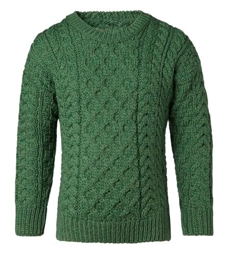 Carraig Donn Kinder Irischer Wollpullover mit Rundhalsausschnitt aus Wolle (Grün, M) von Aran Woollen Mills