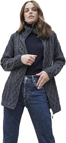 Damen Irish Wool Cardigan mit Reißverschluss (Holzkohle, XS) von Aran Woollen Mills