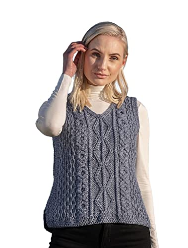 Damen Pullover Unterhemden Top 100% Merinowolle Ärmellos V-Ausschnitt Strick Tank Top, denim, X-Groß von Aran Woollen Mills