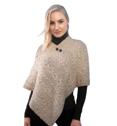 Irische Wolle Poncho für Damen Aran Zopfmuster Umhang Made in Irland One Size von Aran Woollen Mills