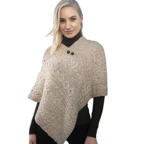 Irische Wolle Poncho für Damen Aran Zopfmuster Umhang Made in Irland One Size von Aran Woollen Mills