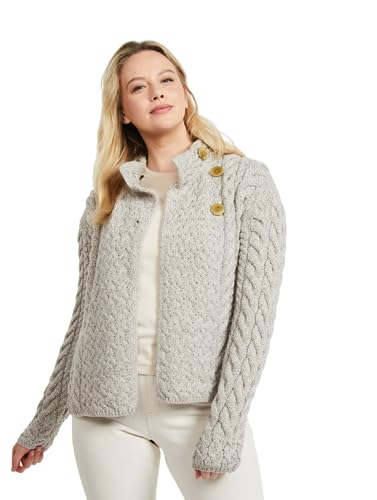 Irischer Aran Strickjacke Strickmantel Wollmantel Wolljacke Cardigan mit Holzknöpfe aus Merinowolle für Damen (DE/NL/SE/PL, Alphanumerisch, L, Regular, Regular, Haferflocken) von Aran Woollen Mills