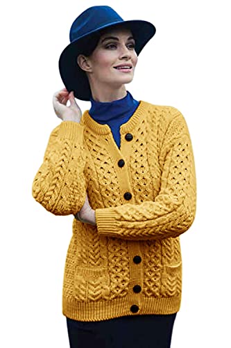 Irischer Wollfäller-Cardigan-Pullover aus Wolle (Gelb, XL) von Aran Woollen Mills