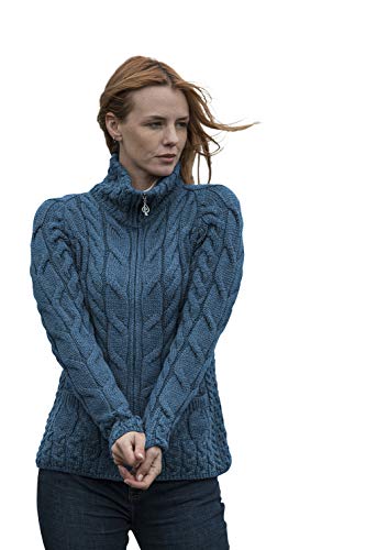 Strickjacke, irische Form, Reißverschluss, Merinowolle, Pullover mit Rollkragen, hergestellt in Irland - Blau - Groß von Aran Woollen Mills