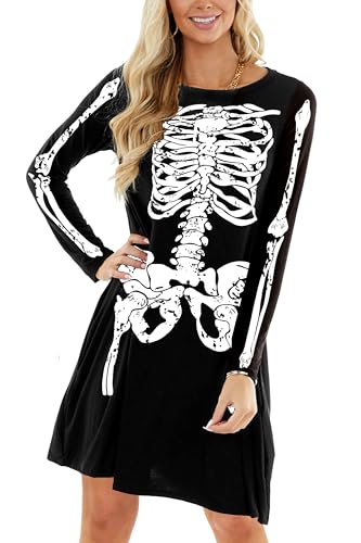 Arankhiger Halloween Party Kleid Damen Skelett Grafikdruck Midikleid Vintage Gothic Party Outfit Skelett 2XL von Arankhiger