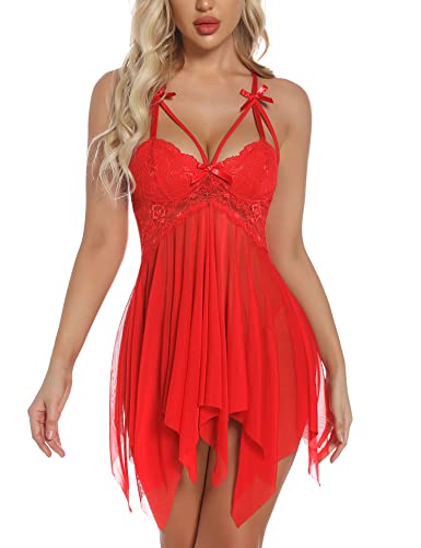 Aranmei Babydoll Dessous für Frauen, frech, sexy Nachtwäsche, Rückenausschnitt, Spitzen-Unterkleid, Netzstoff, Braut-Nachthemd, rot, 32 von Aranmei