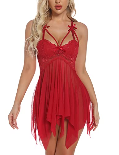 Aranmei Babydoll Dessous für Frauen, frech, sexy Nachtwäsche, Rückenausschnitt, Spitzen-Unterkleid, Netzstoff, Braut-Nachthemd, weinrot, 36 von Aranmei