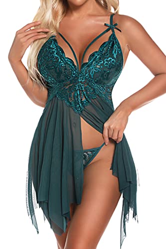 Aranmei Babydoll-Dessous für Frauen Sexy Dessous-Set Vorne offen Nachthemd V-Ausschnitt Babydoll mit Spitze G-String Nachtwäsche Nachthemd, Grün, L von Aranmei