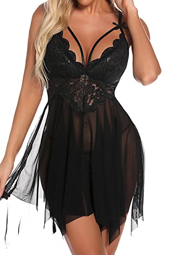 Aranmei Babydoll-Dessous für Frauen Sexy Dessous-Set Vorne offen Nachthemd V-Ausschnitt Babydoll mit Spitze G-String Nachtwäsche Nachthemd, Schwarz, M von Aranmei