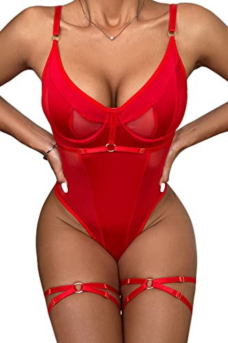 Aranmei Body für Frauen Bügel Sexy Top mit Druckknopf Schritt mit Beingurten und Tanga Bodysuit Dessous Set, Red, 38 von Aranmei