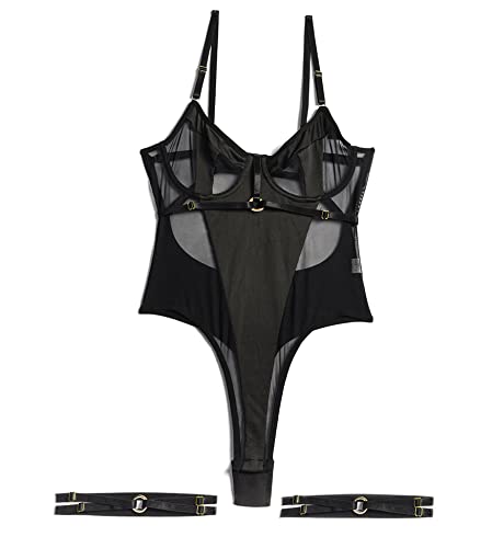 Aranmei Body für Frauen Bügel Sexy Top mit Druckknopf Schritt mit Beingurten und Tanga Bodysuit Dessous Set, Schwarz , 36 von Aranmei