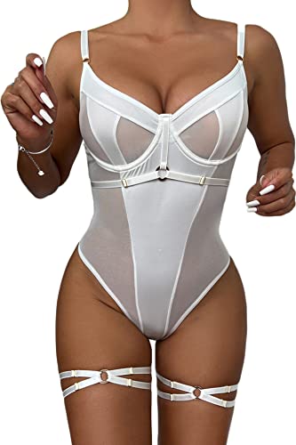 Aranmei Body für Frauen Bügel Sexy Top mit Druckknopf Schritt mit Beingurten und Tanga Bodysuit Dessous Set, White, 36 von Aranmei